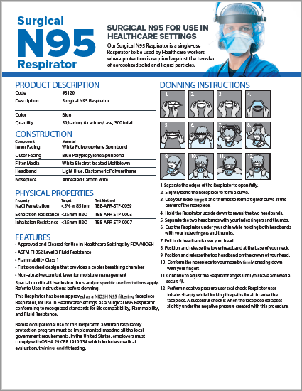 3120 ACI Surgical N95 Level 3 American Made Respirator Masks Technical Data sheet